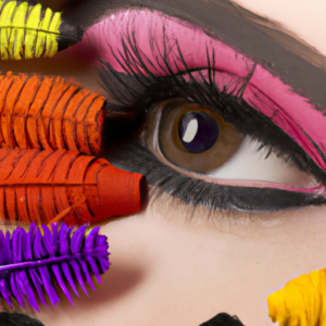 A close-up of a woman's eye with a variety of colorful mascaras arranged around it.