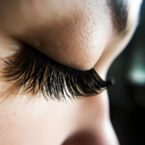 A close-up of long, curled eyelashes with bold mascara.