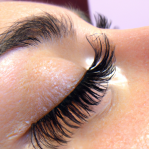 A close-up of lush, long lashes framed by a bright and vibrant background.