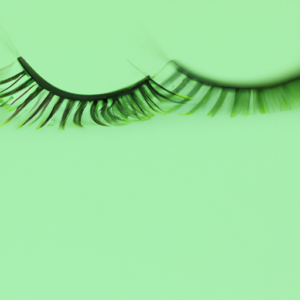 A close-up of a set of long, lush eyelashes with a light green background.