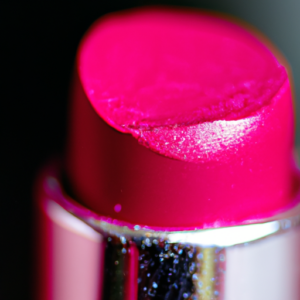 A close-up of a bright pink lipstick with a glossy finish.