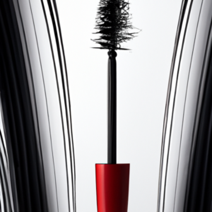 A black mascara wand with red bristles curled in a dramatic arch.