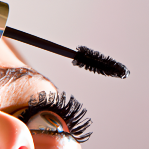 A close-up of a mascara wand coating a single eyelash.