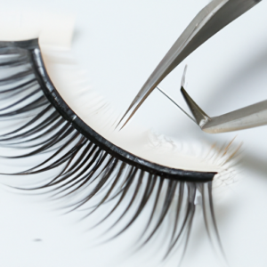 A close-up of a pair of false eyelashes with a pair of tweezers delicately pinching them.
