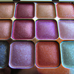 A close up of a colorful eyeshadow palette with shimmery and matte colors, arranged in a symmetrical pattern.
