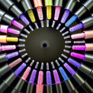 A close-up of a rainbow assortment of mascara tubes arranged in a circular pattern.