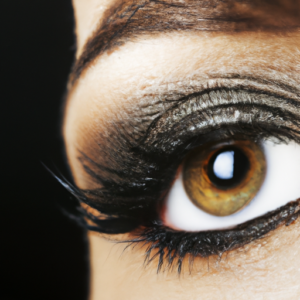 A close-up of an eye, with a smoky eye makeup look.
