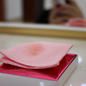 A close-up of a tissue dabbed with a pink tint of makeup, with a blurred background of a makeup mirror.