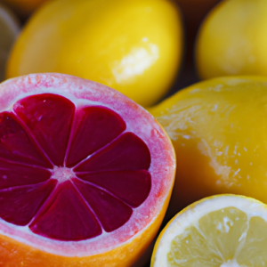 A bright pink lemon sliced in half, surrounded by colorful fresh fruit.