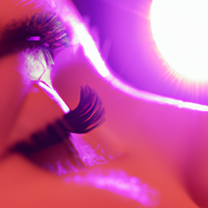 A pair of eyes with eyelash extensions, bathed in a pink and purple light.