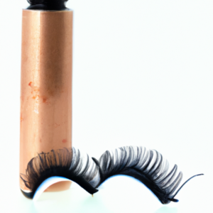 A close-up of a tube of eyeliner with a pair of false eyelashes beside it.