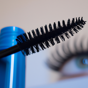 A mascara wand with two blue eyes in the background.