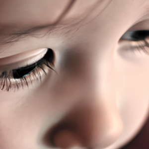 A close-up of a pair of eyes with long, curled eyelashes, illuminated by a soft light.