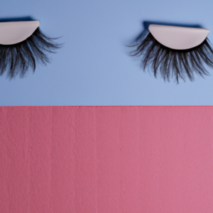 A pair of false eyelashes with a bright blue and pink background of overlapping magnetic fields.