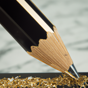 A close-up of a black and gold eyeliner pencil being sharpened on a metallic surface.