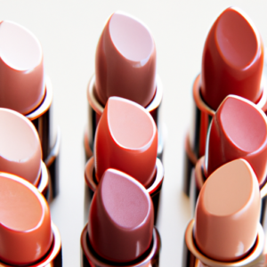 A close-up of a variety of lipsticks in shades of pink, peach, and brown.