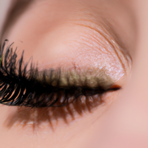 A close-up of a pair of long, curled eyelashes with bold mascara.