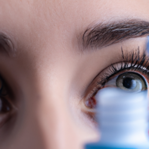 Close-up of a pair of eyes wearing contact lenses, with a tube of mascara in the background.