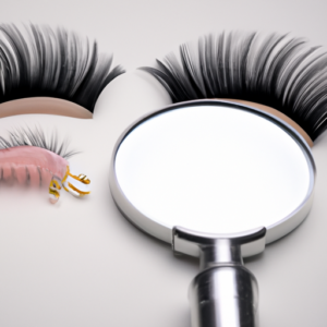 A pair of false eyelashes with a magnifying glass hovering above them.