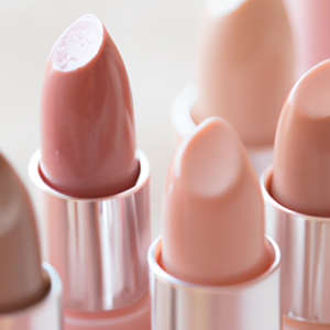 A close-up of a variety of pastel lipsticks in a light-colored palette.