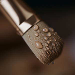 A close-up of a makeup brush with a few drops of foundation on it.