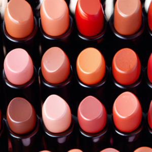 Suggestion: A close-up of a variety of lipsticks in different shades of skin-color