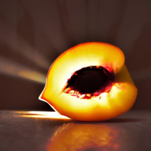 A juicy peach cut in half, with a glowing light emanating from the center.