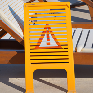 A sunbed with a warning sign featuring a yellow triangle with an exclamation mark.
