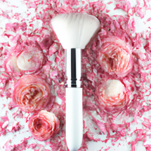 A pink and white blush brush surrounded by swirls of rose petals.