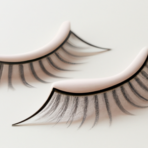 A close up of a pair of false eyelashes with almond-shaped curves.