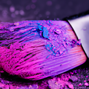 A close-up of a makeup brush with pink and purple eyeshadow swirled together.