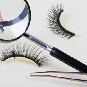 A pair of tweezers next to a pair of false eyelashes with a magnifying glass hovering over them.