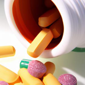 A close-up of a group of colorful vitamins spilling out of an open pill bottle.