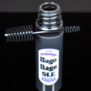 A close up of a bottle of magnetic lash glue or applicator with a black background.