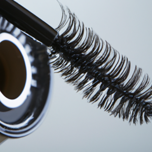 Close-up of a mascara brush with eyelashes curling around the bristles.