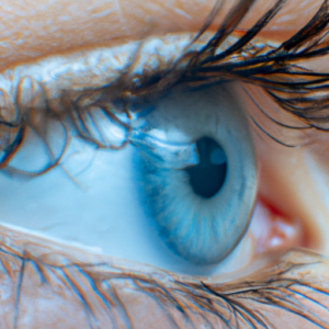 A close-up of a blue eye with mascara on the eyelashes.