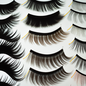 A close-up of a variety of false eyelashes arranged in a fan shape.