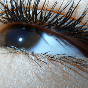 A close-up of a person's eye with long, feathery eyelashes.