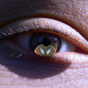 A close-up of an almond-shaped eye with a butterfly-shaped shadow.