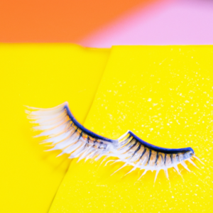 A close-up of a pair of false eyelashes draped over a colorful background.