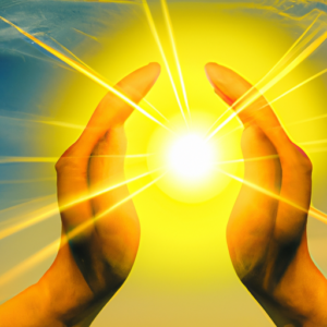 Two hands cupping around a bright yellow sun with rays of light emanating from it.
