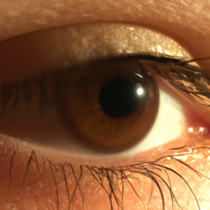 A close-up of a brown eye with subtle shades of brown and gold highlights.