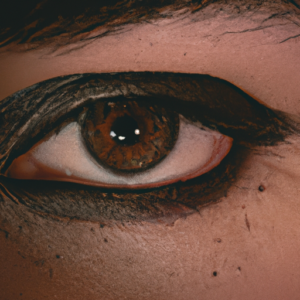 A close-up of a single eye with a dramatic brown eye shadow look.