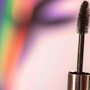 A close-up of a mascara wand, with a blurred background of bright eyeshadow colors.