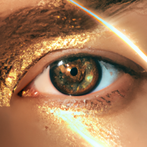 A close-up of an eye surrounded by a shimmering golden halo.