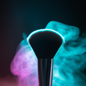 A close-up of a makeup brush set surrounded by a smoky gradient of colors.