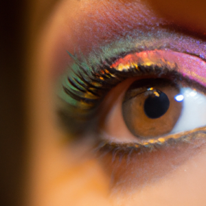 A close-up of a brown eye with bright, colorful eye shadow.