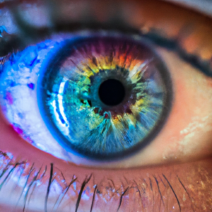A close-up of a human eye with various shades of colors radiating outward.