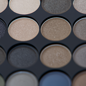 A close up of a makeup palette with various shades of eyeshadow blending together.