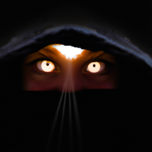 A luminous pair of eyes peeking out from beneath a hood, surrounded by a halo of light.